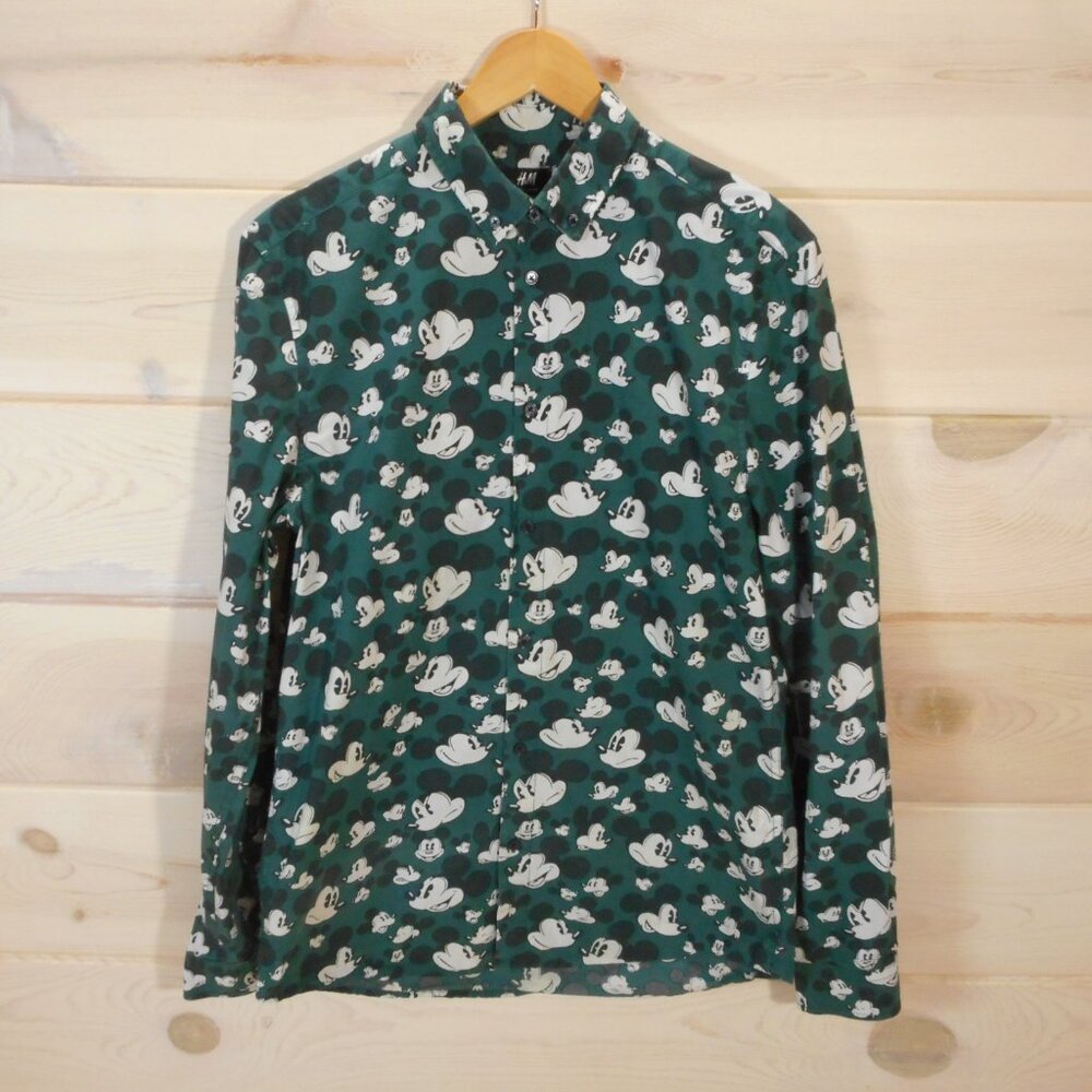 H&M Men's Size S Disney Mickey Mouse Green Button-up Shirt All Over Print